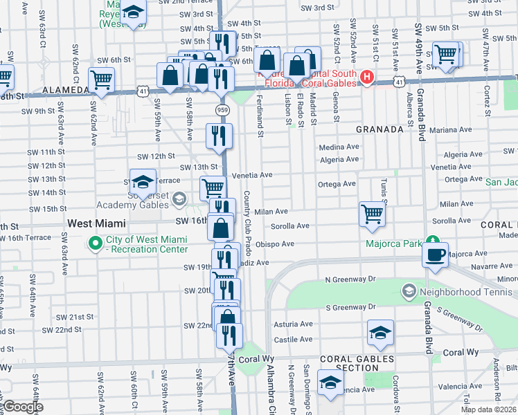 map of restaurants, bars, coffee shops, grocery stores, and more near 1605 Country Club Prado in Coral Gables