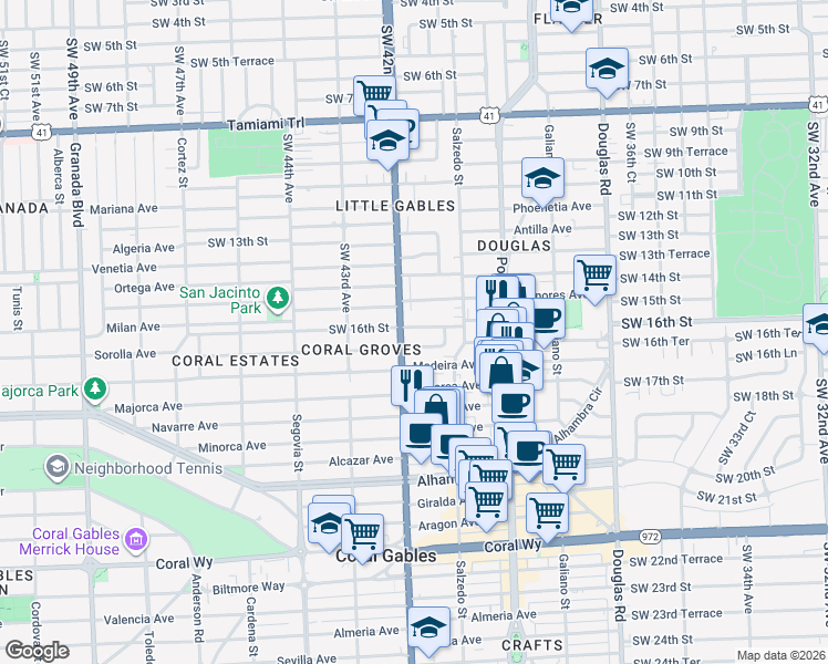 map of restaurants, bars, coffee shops, grocery stores, and more near 4017 Southwest 16th Terrace in Miami