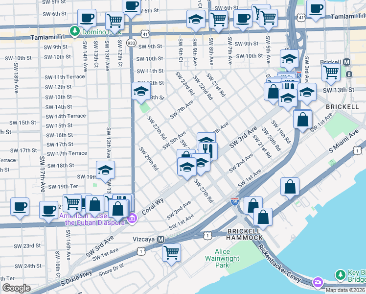map of restaurants, bars, coffee shops, grocery stores, and more near 2600 Southwest 4th Avenue in Miami
