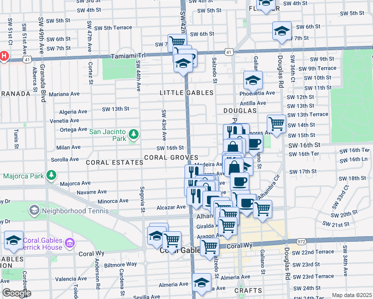 map of restaurants, bars, coffee shops, grocery stores, and more near 409 Zamora Avenue in Miami