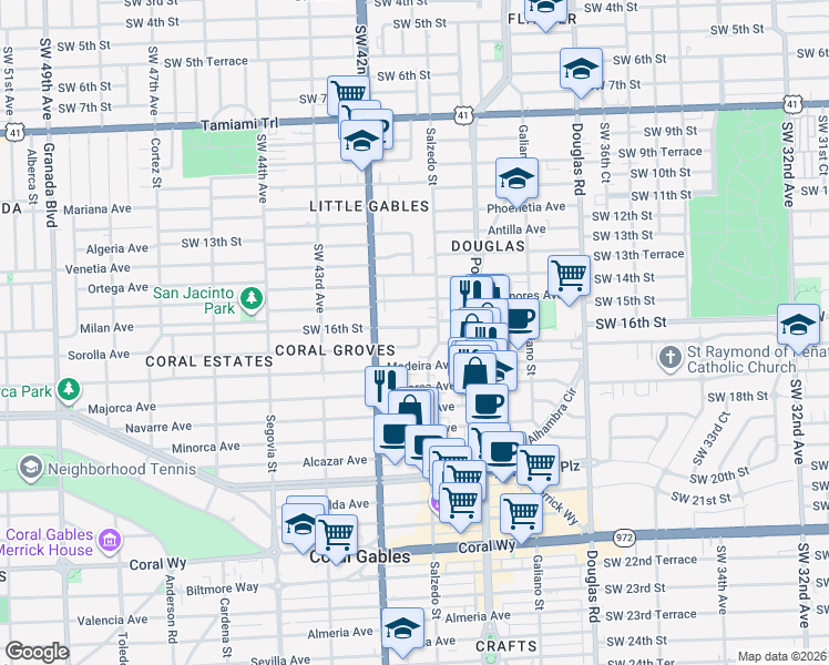 map of restaurants, bars, coffee shops, grocery stores, and more near 4017 Southwest 16th Terrace in Miami