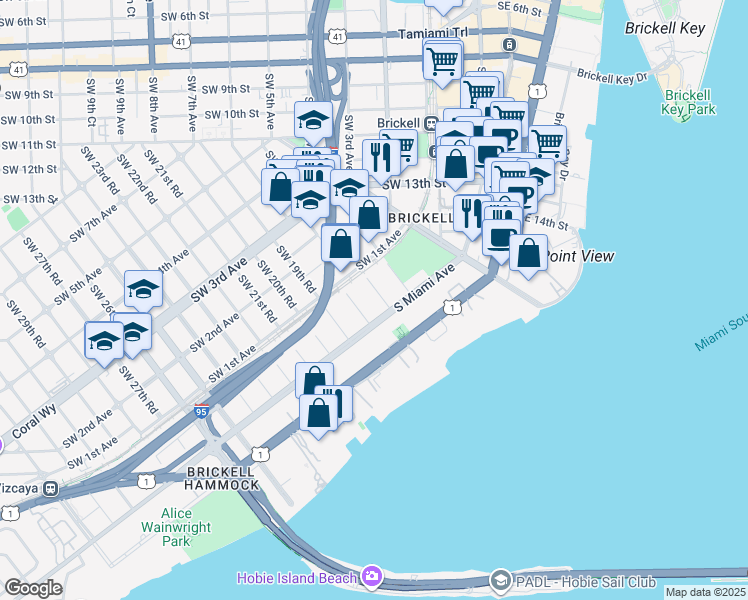 map of restaurants, bars, coffee shops, grocery stores, and more near 1804 South Miami Avenue in Miami
