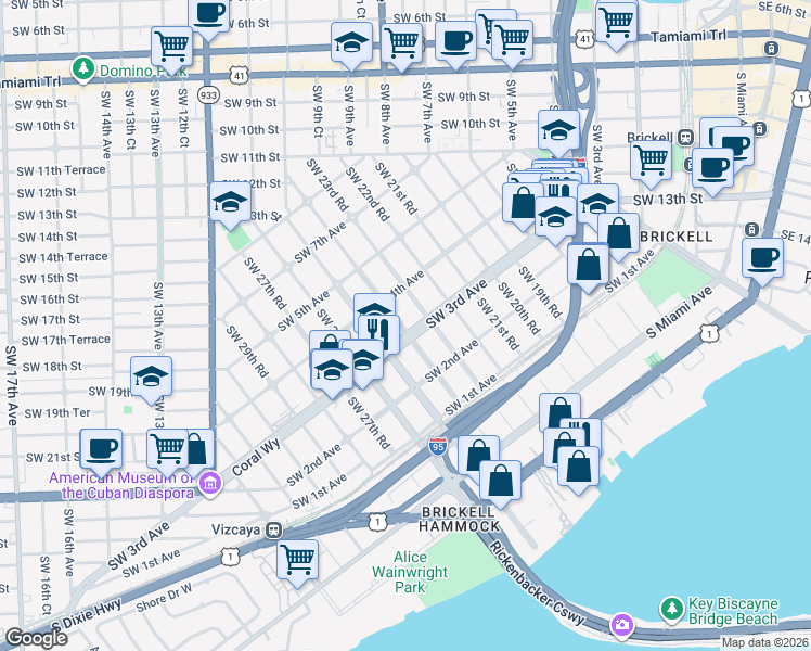 map of restaurants, bars, coffee shops, grocery stores, and more near 2401 Southwest 3rd Avenue in Miami