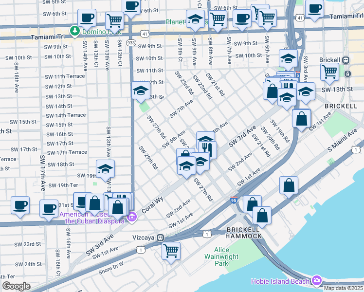map of restaurants, bars, coffee shops, grocery stores, and more near 2600 Southwest 4th Avenue in Miami
