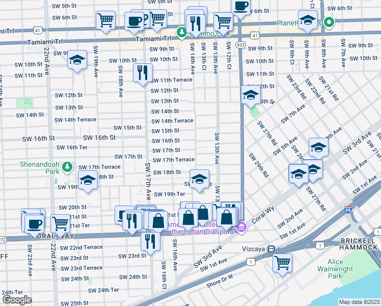 map of restaurants, bars, coffee shops, grocery stores, and more near 1415 Southwest 17th Terrace in Miami
