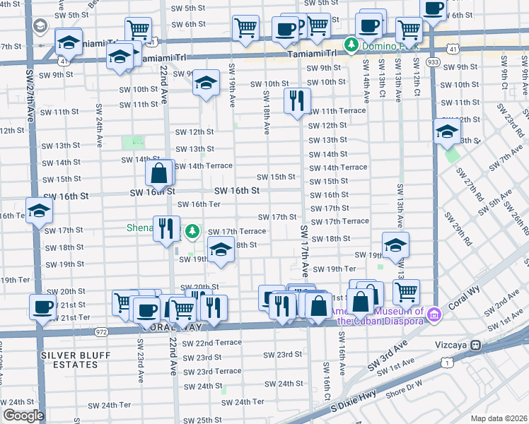 map of restaurants, bars, coffee shops, grocery stores, and more near 1800 Southwest 17th Street in Miami