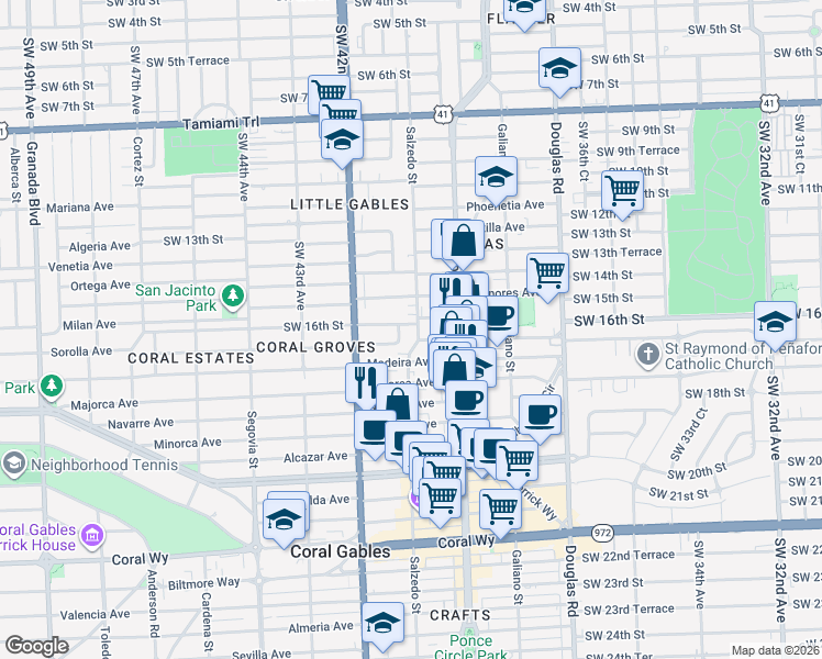 map of restaurants, bars, coffee shops, grocery stores, and more near 232 Zamora Avenue in Miami