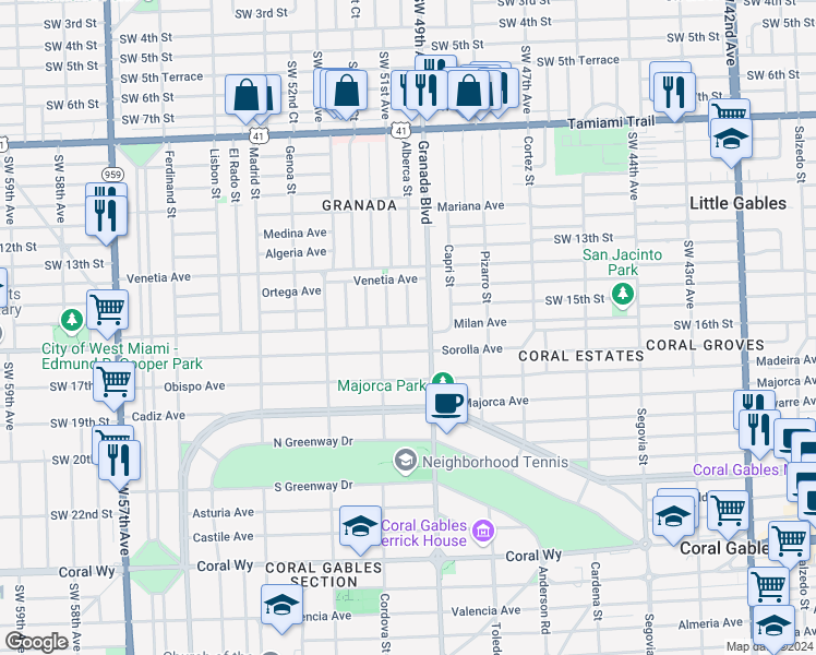 map of restaurants, bars, coffee shops, grocery stores, and more near 1624 Granada Boulevard in Coral Gables