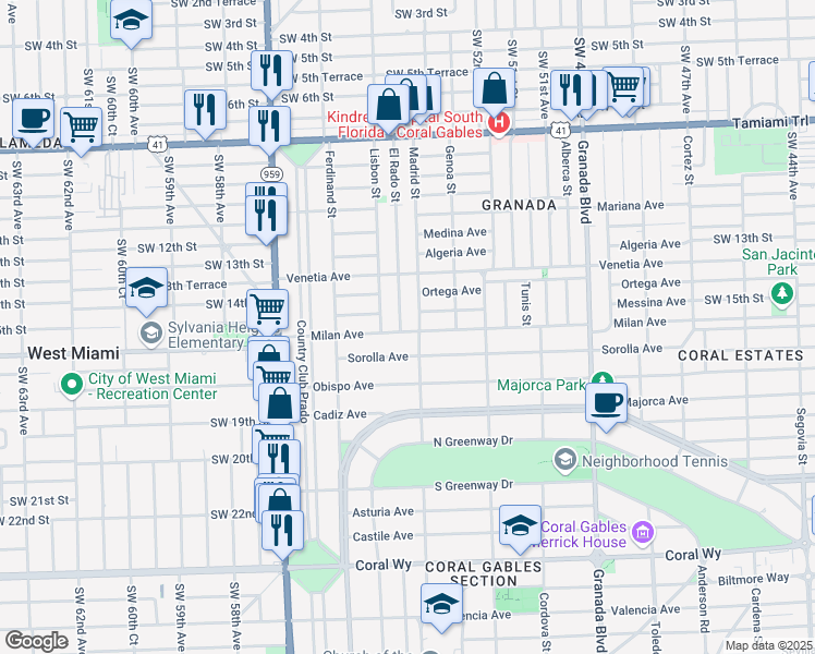 map of restaurants, bars, coffee shops, grocery stores, and more near 1322 Milan Avenue in Coral Gables