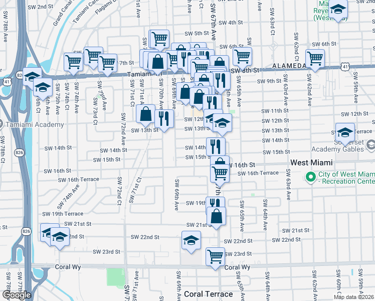map of restaurants, bars, coffee shops, grocery stores, and more near 6861 Southwest 15th Street in Miami