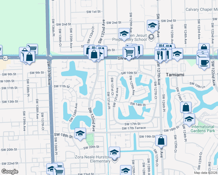 map of restaurants, bars, coffee shops, grocery stores, and more near 1235 Southwest 131st Court in Miami