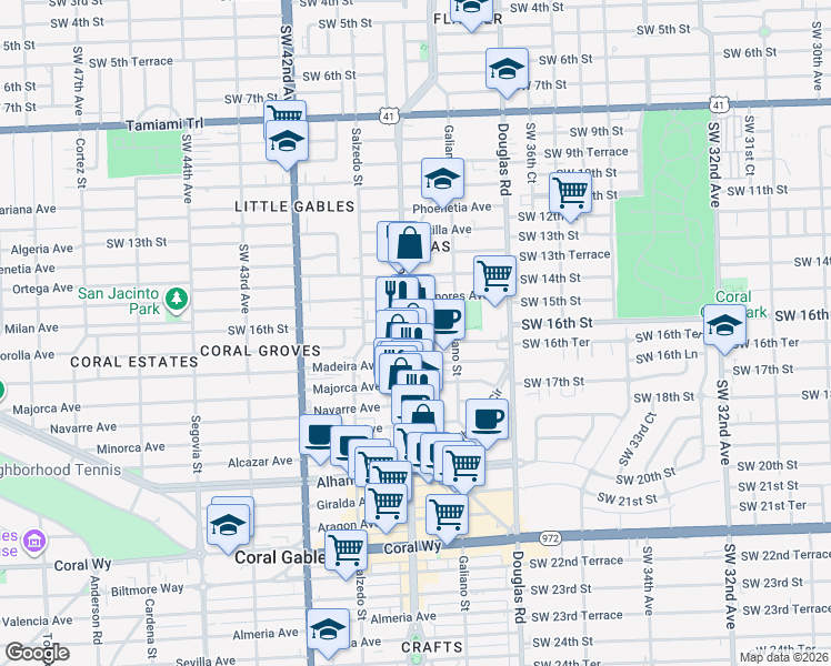 map of restaurants, bars, coffee shops, grocery stores, and more near 1704 Ponce de Leon in Coral Gables
