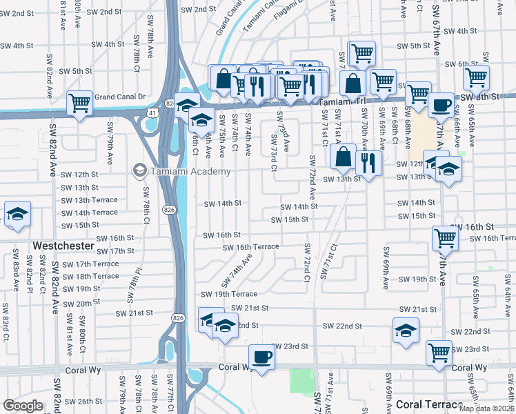 map of restaurants, bars, coffee shops, grocery stores, and more near 7331 Southwest 15th Street in Miami