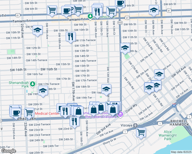 map of restaurants, bars, coffee shops, grocery stores, and more near 1415 Southwest 17th Terrace in Miami