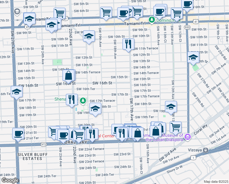 map of restaurants, bars, coffee shops, grocery stores, and more near 1800 Southwest 17th Street in Miami