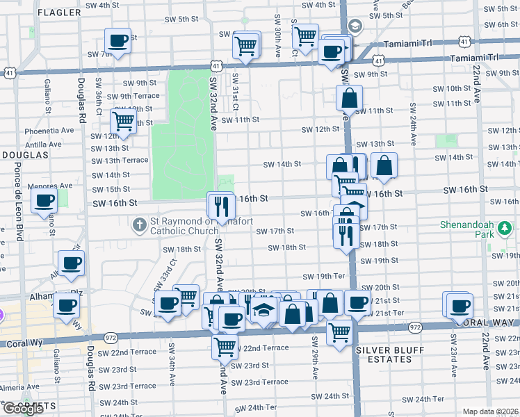 map of restaurants, bars, coffee shops, grocery stores, and more near 3073 Southwest 16th Terrace in Miami