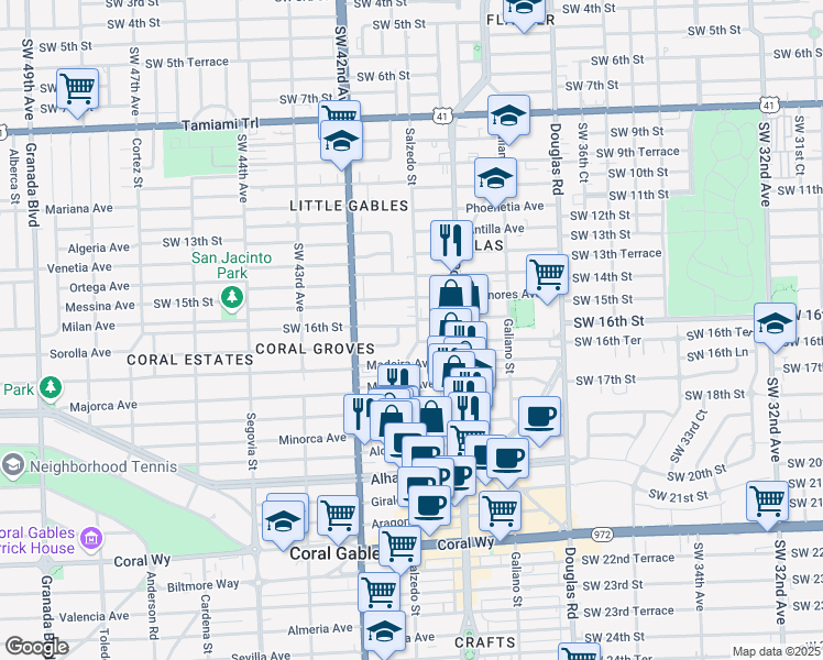 map of restaurants, bars, coffee shops, grocery stores, and more near 232 Zamora Avenue in Miami