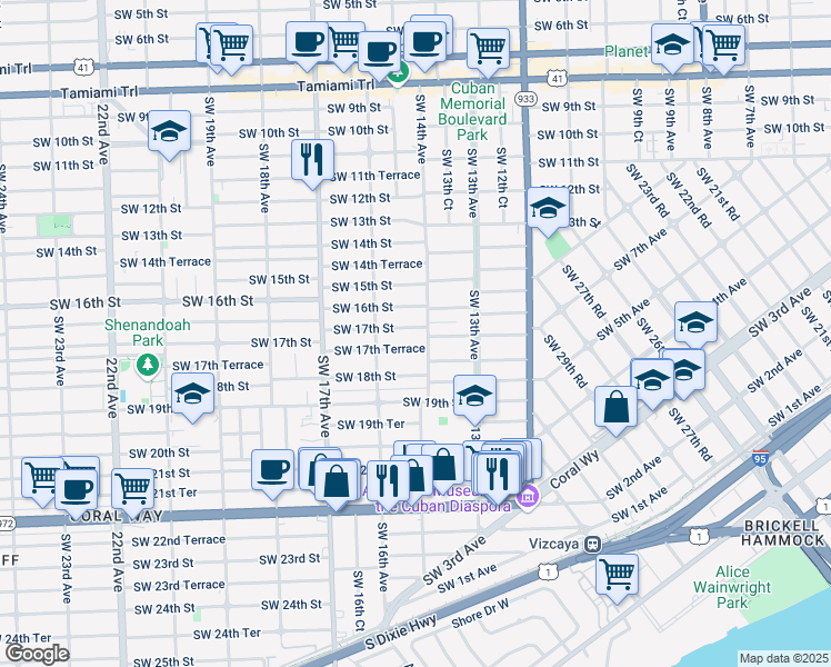 map of restaurants, bars, coffee shops, grocery stores, and more near 1415 Southwest 17th Terrace in Miami