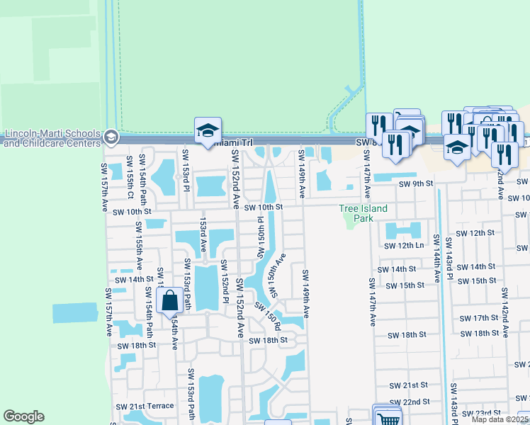 map of restaurants, bars, coffee shops, grocery stores, and more near 1017 Southwest 150th Place in Miami