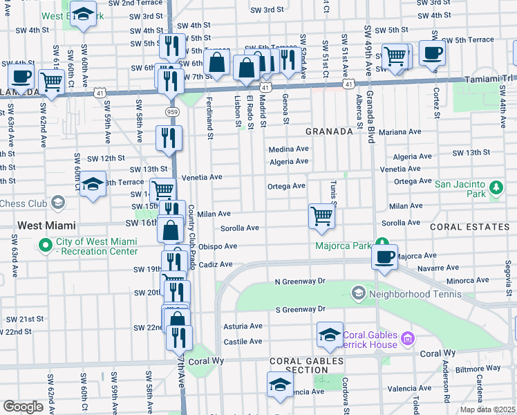 map of restaurants, bars, coffee shops, grocery stores, and more near 1322 Milan Avenue in Coral Gables