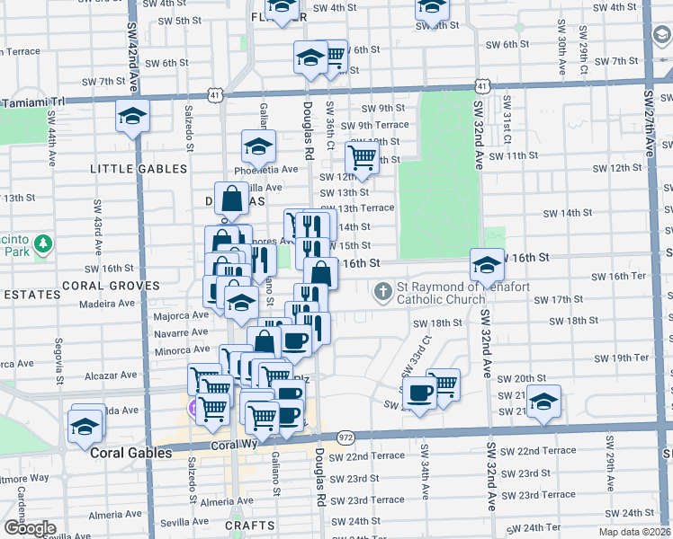 map of restaurants, bars, coffee shops, grocery stores, and more near 1627 Southwest 37th Avenue in Miami