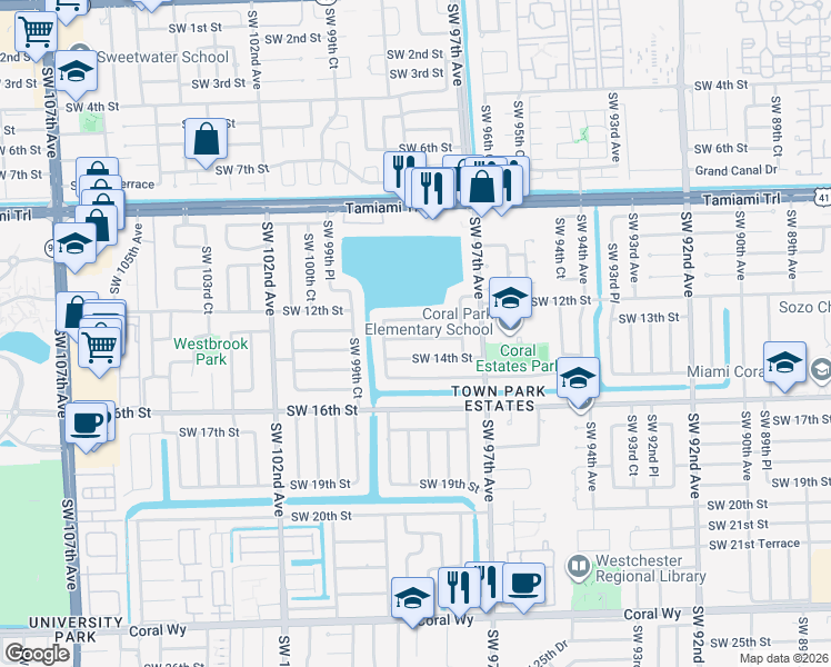 map of restaurants, bars, coffee shops, grocery stores, and more near 9821 Southwest 13th Terrace in Miami