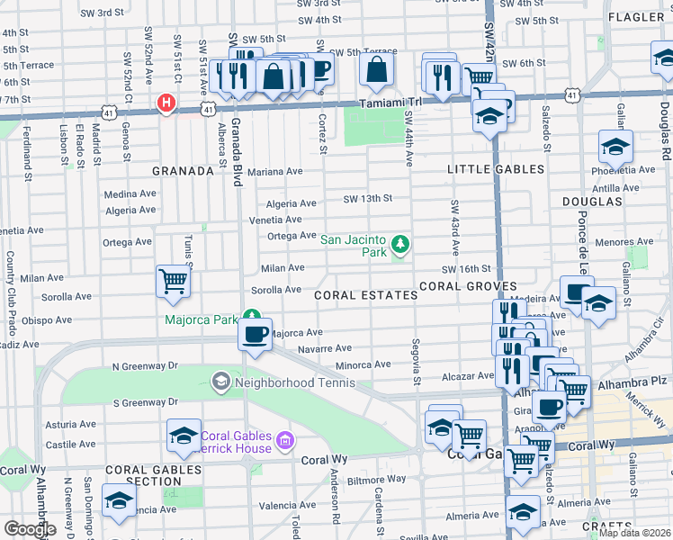 map of restaurants, bars, coffee shops, grocery stores, and more near in Coral Gables