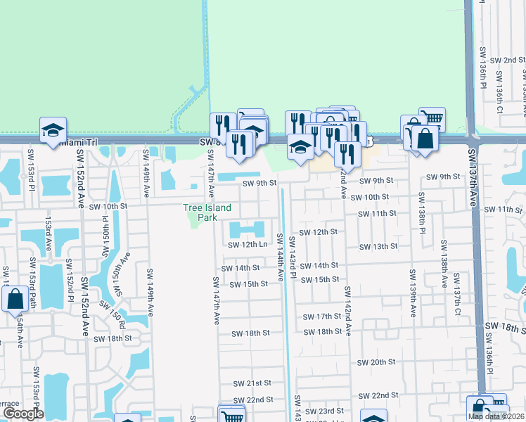 map of restaurants, bars, coffee shops, grocery stores, and more near 14436 Southwest 11th Street in Miami