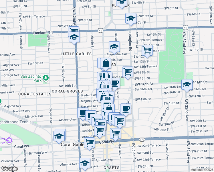 map of restaurants, bars, coffee shops, grocery stores, and more near 1607 Ponce de Leon in Coral Gables