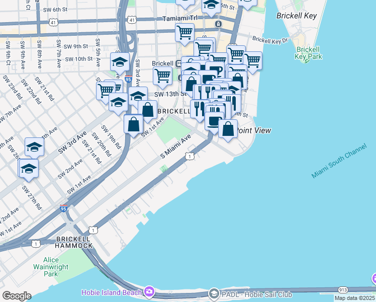 map of restaurants, bars, coffee shops, grocery stores, and more near 1617 U.S. 1 in Miami