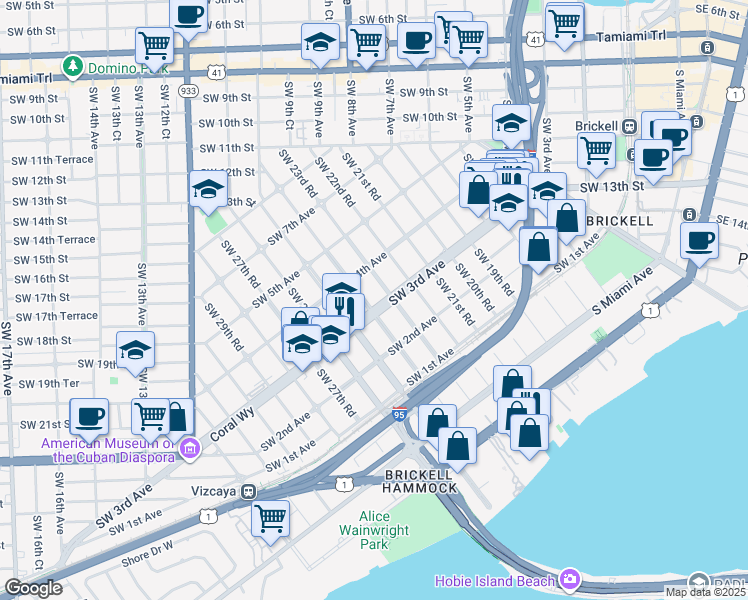 map of restaurants, bars, coffee shops, grocery stores, and more near 2401 Southwest 3rd Avenue in Miami