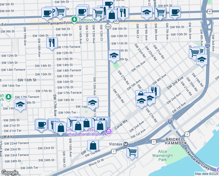 map of restaurants, bars, coffee shops, grocery stores, and more near 1739 Southwest 12th Avenue in Miami