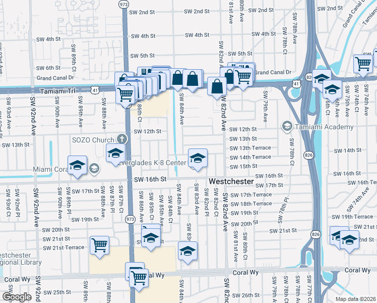 map of restaurants, bars, coffee shops, grocery stores, and more near 8351 Southwest 14th Street in Miami