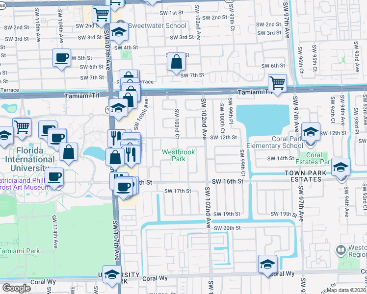 map of restaurants, bars, coffee shops, grocery stores, and more near 1320 Southwest 102nd Place in Miami
