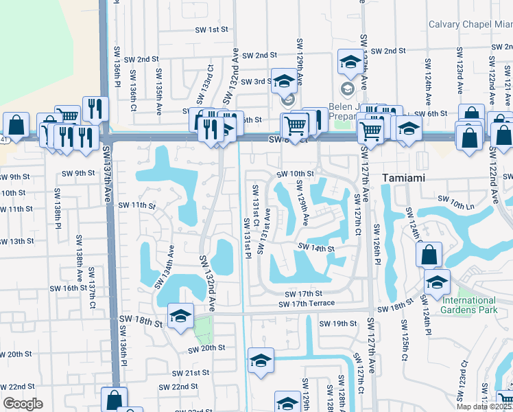 map of restaurants, bars, coffee shops, grocery stores, and more near 1235 Southwest 131st Court in Miami