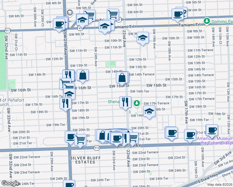 map of restaurants, bars, coffee shops, grocery stores, and more near 2262 Southwest 17th Street in Miami