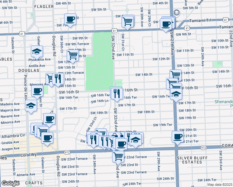 map of restaurants, bars, coffee shops, grocery stores, and more near 1641 Southwest 32nd Court in Miami
