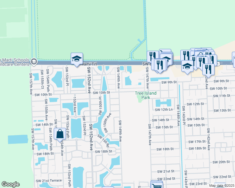 map of restaurants, bars, coffee shops, grocery stores, and more near 14900 Southwest 10th Street in Miami