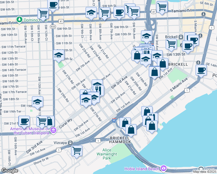 map of restaurants, bars, coffee shops, grocery stores, and more near 2401 Southwest 3rd Avenue in Miami