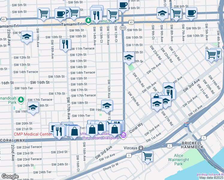 map of restaurants, bars, coffee shops, grocery stores, and more near 1255 Southwest 17th Terrace in Miami