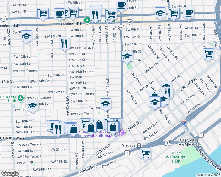 map of restaurants, bars, coffee shops, grocery stores, and more near 1255 Southwest 17th Terrace in Miami