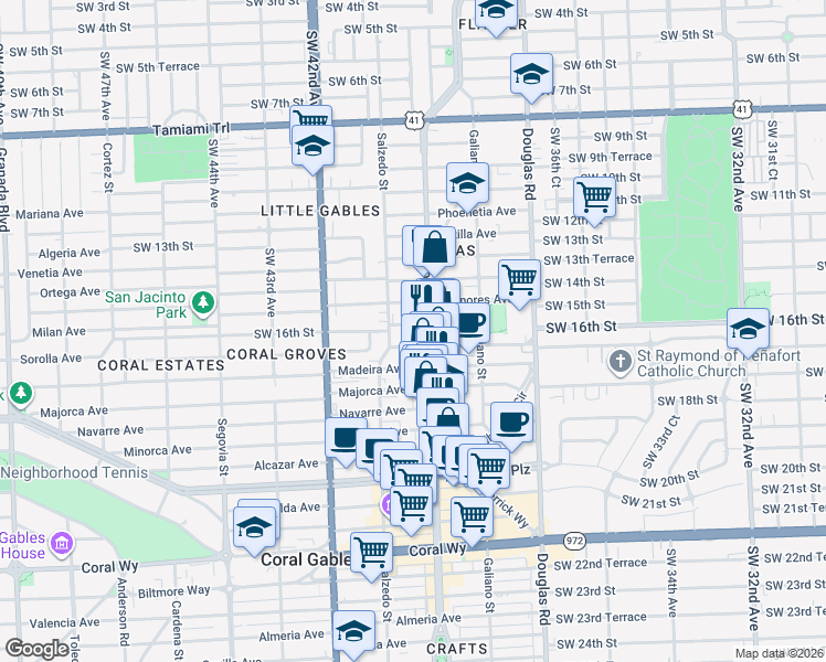 map of restaurants, bars, coffee shops, grocery stores, and more near 1704 Ponce de Leon in Coral Gables
