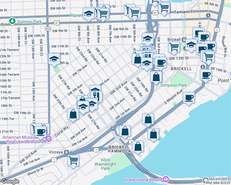 map of restaurants, bars, coffee shops, grocery stores, and more near in Miami