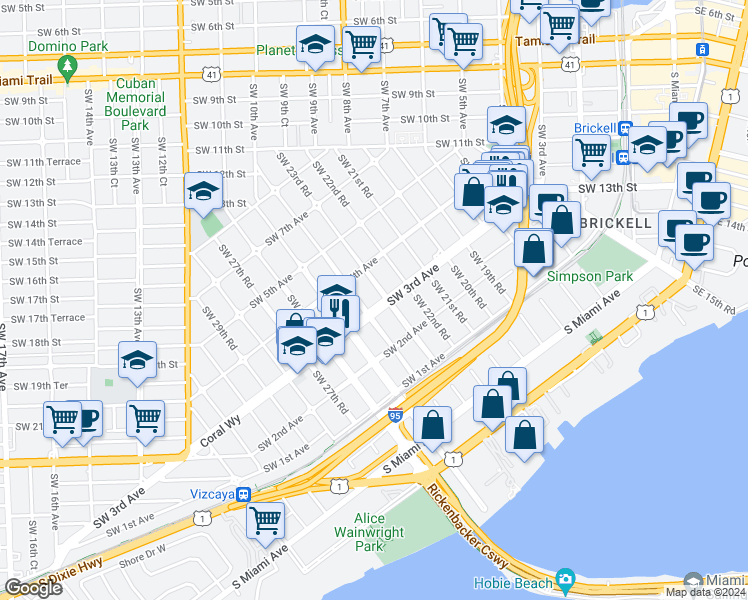 map of restaurants, bars, coffee shops, grocery stores, and more near 2401 Southwest 3rd Avenue in Miami
