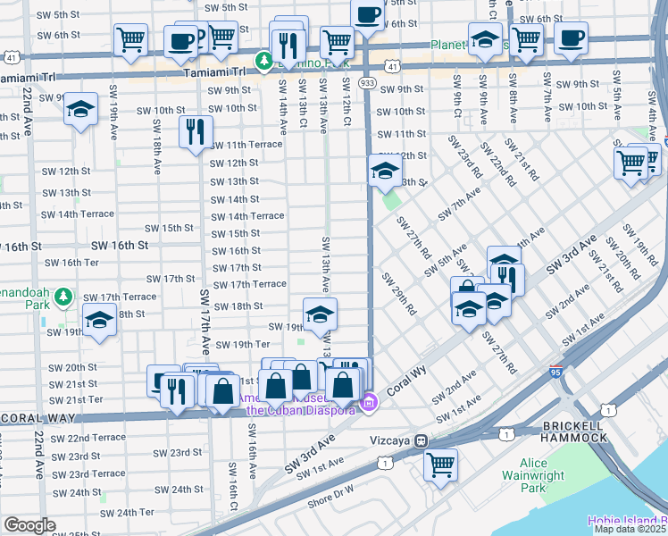 map of restaurants, bars, coffee shops, grocery stores, and more near 1255 Southwest 17th Terrace in Miami