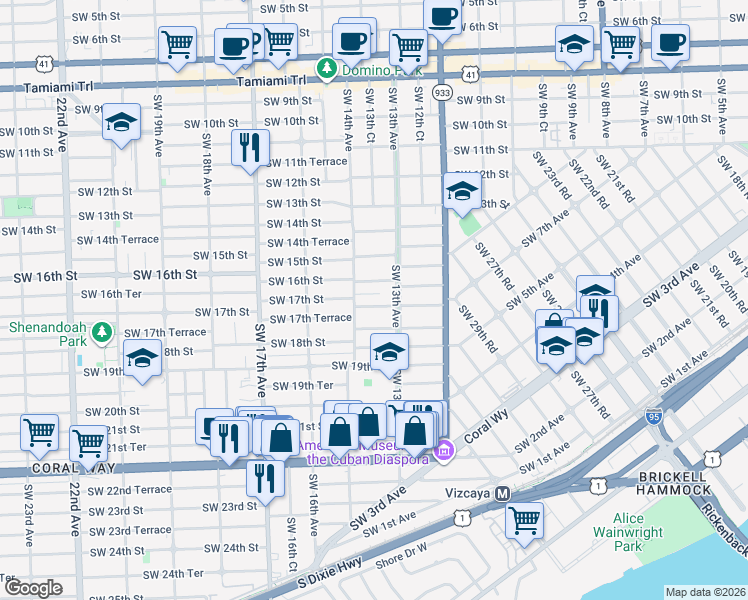 map of restaurants, bars, coffee shops, grocery stores, and more near 1325 Southwest 17th Terrace in Miami