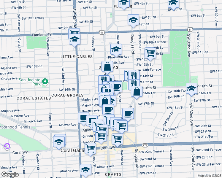 map of restaurants, bars, coffee shops, grocery stores, and more near 110 Zamora Avenue in Coral Gables