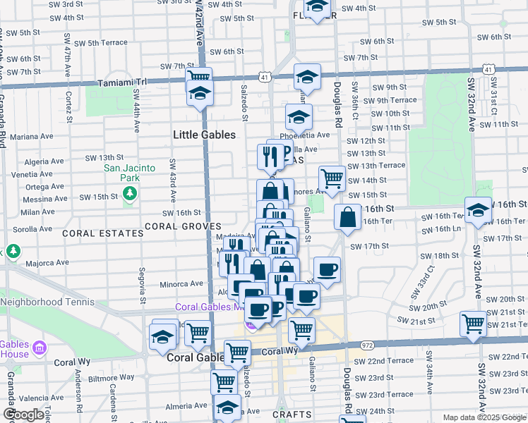 map of restaurants, bars, coffee shops, grocery stores, and more near 1704 Ponce de Leon in Coral Gables