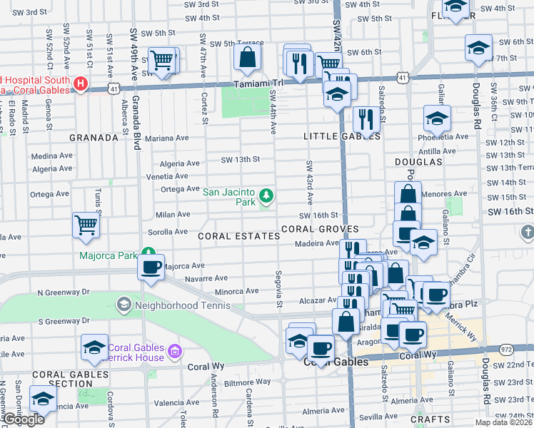map of restaurants, bars, coffee shops, grocery stores, and more near 621 Zamora Avenue in Coral Gables