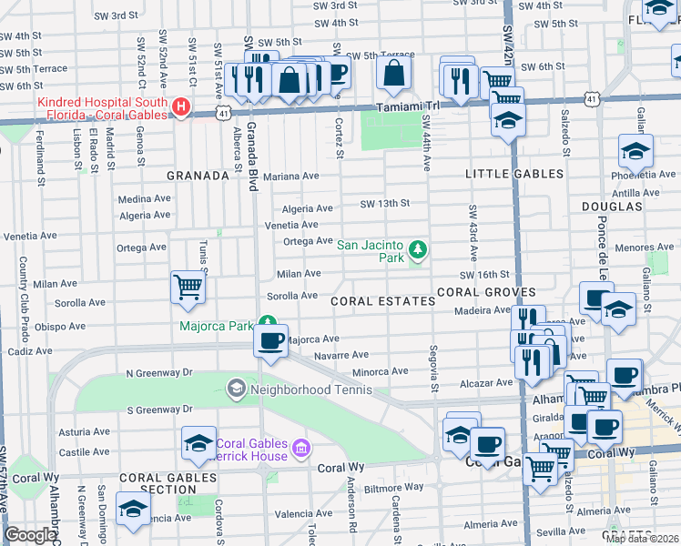 map of restaurants, bars, coffee shops, grocery stores, and more near in Coral Gables